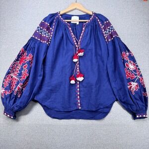 MARCH II Navy Blue Linen Embroidered Tassel V Neck Peasant Boho Blouse Top L